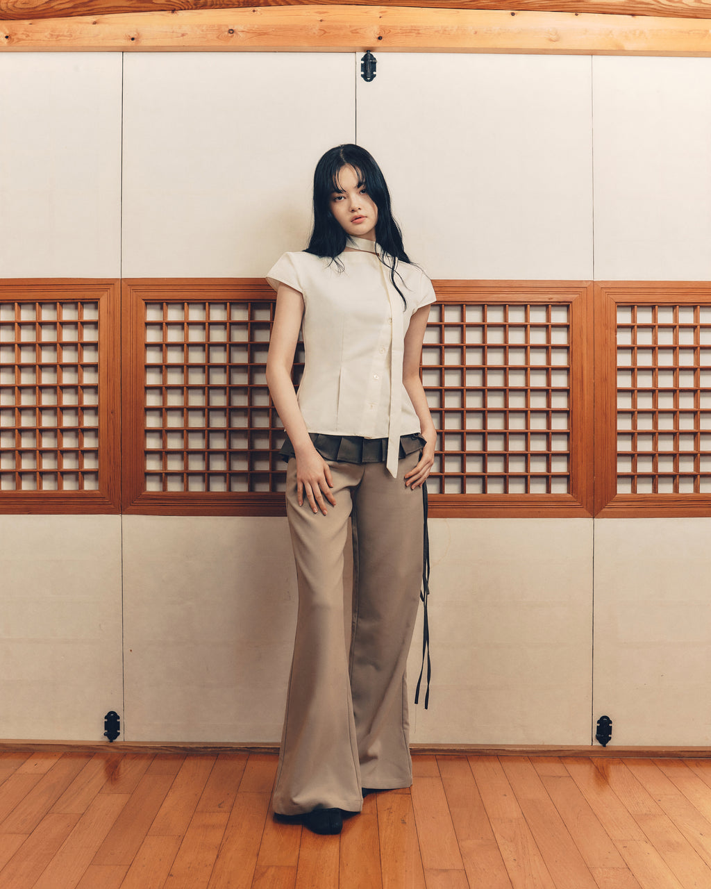 Pleated Skirt Pants [Grey+Beige]