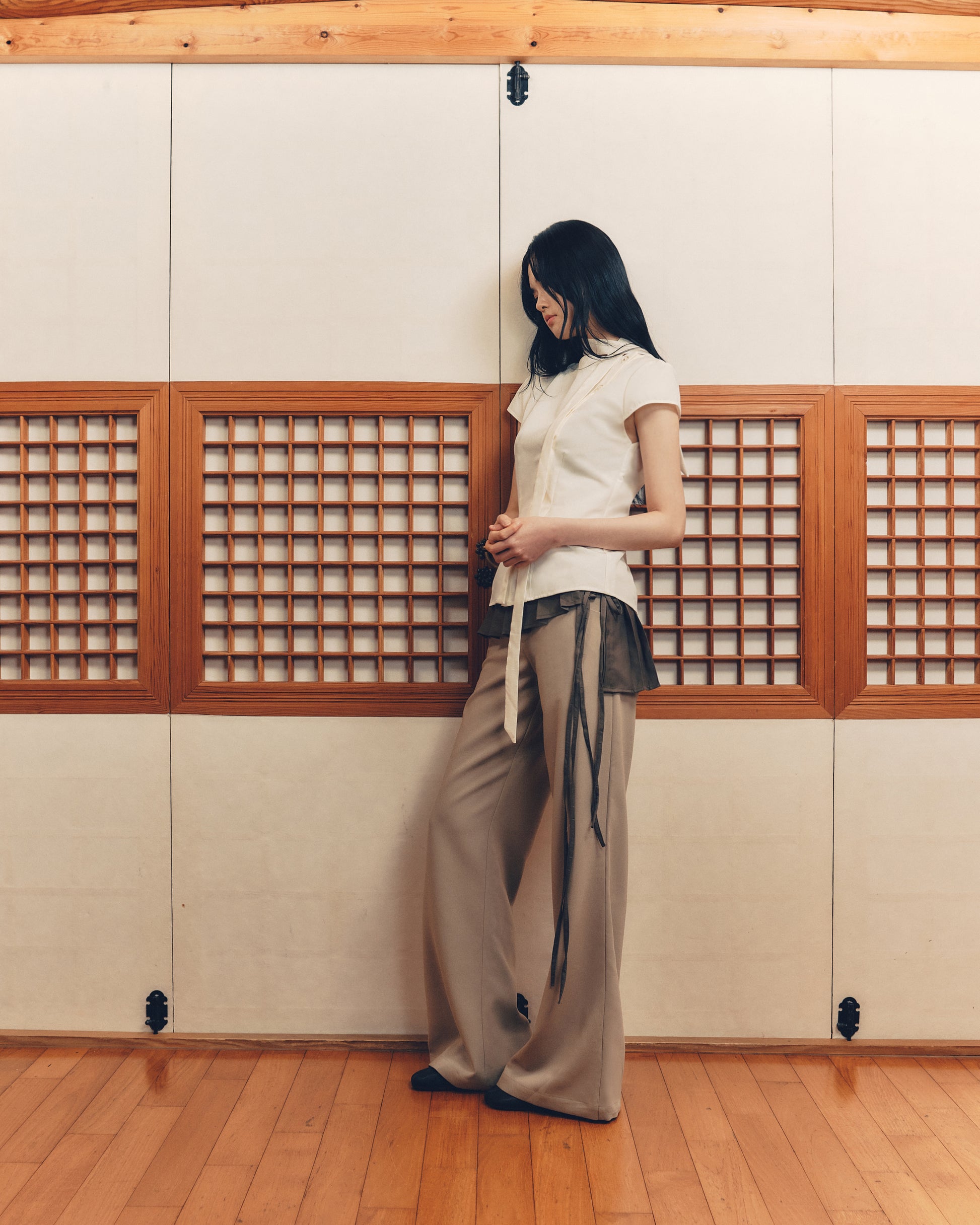 Pleated Skirt Pants [Grey+Beige]